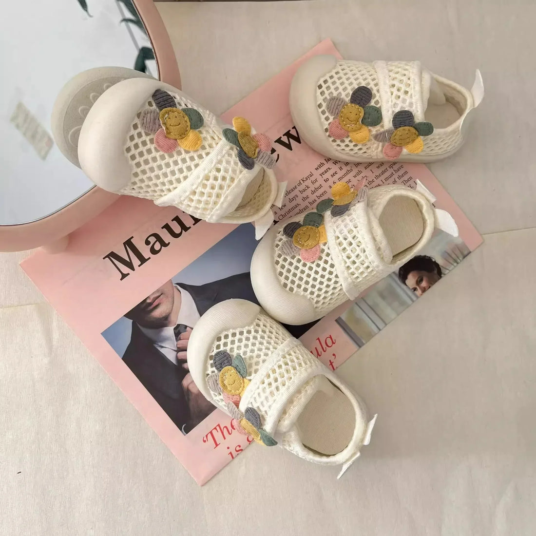 Baby Casual Shoes Toes Capped Anti-kicked 2025 Summer New Kids Walking Shoes Embroidered Flower Girls Flat Shoes Mesh Breathable